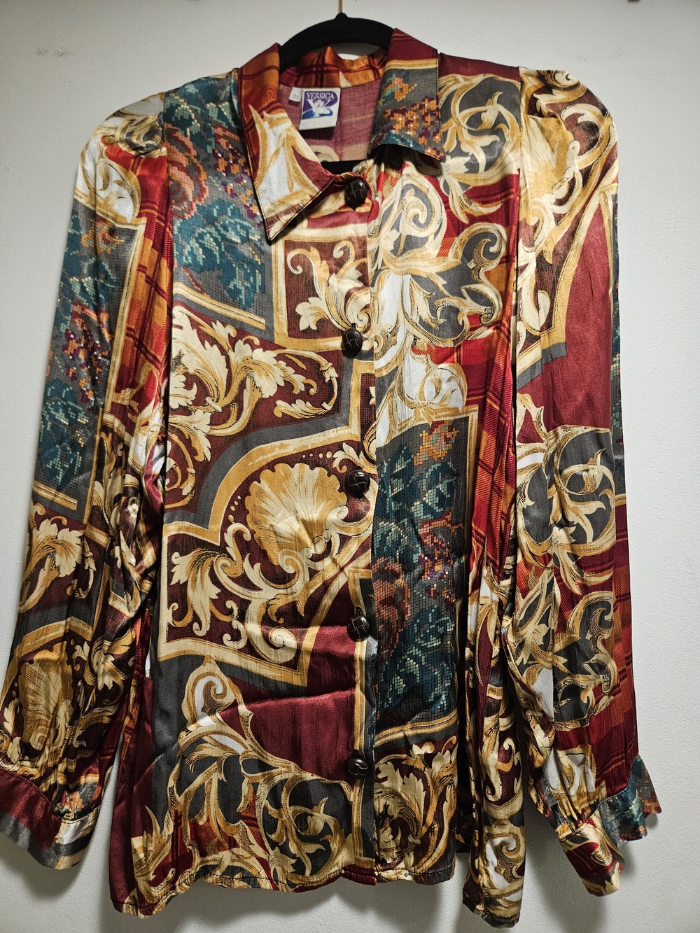 Y2K Vintage-Style Baroque Print Blouse — Burgundy/Gold